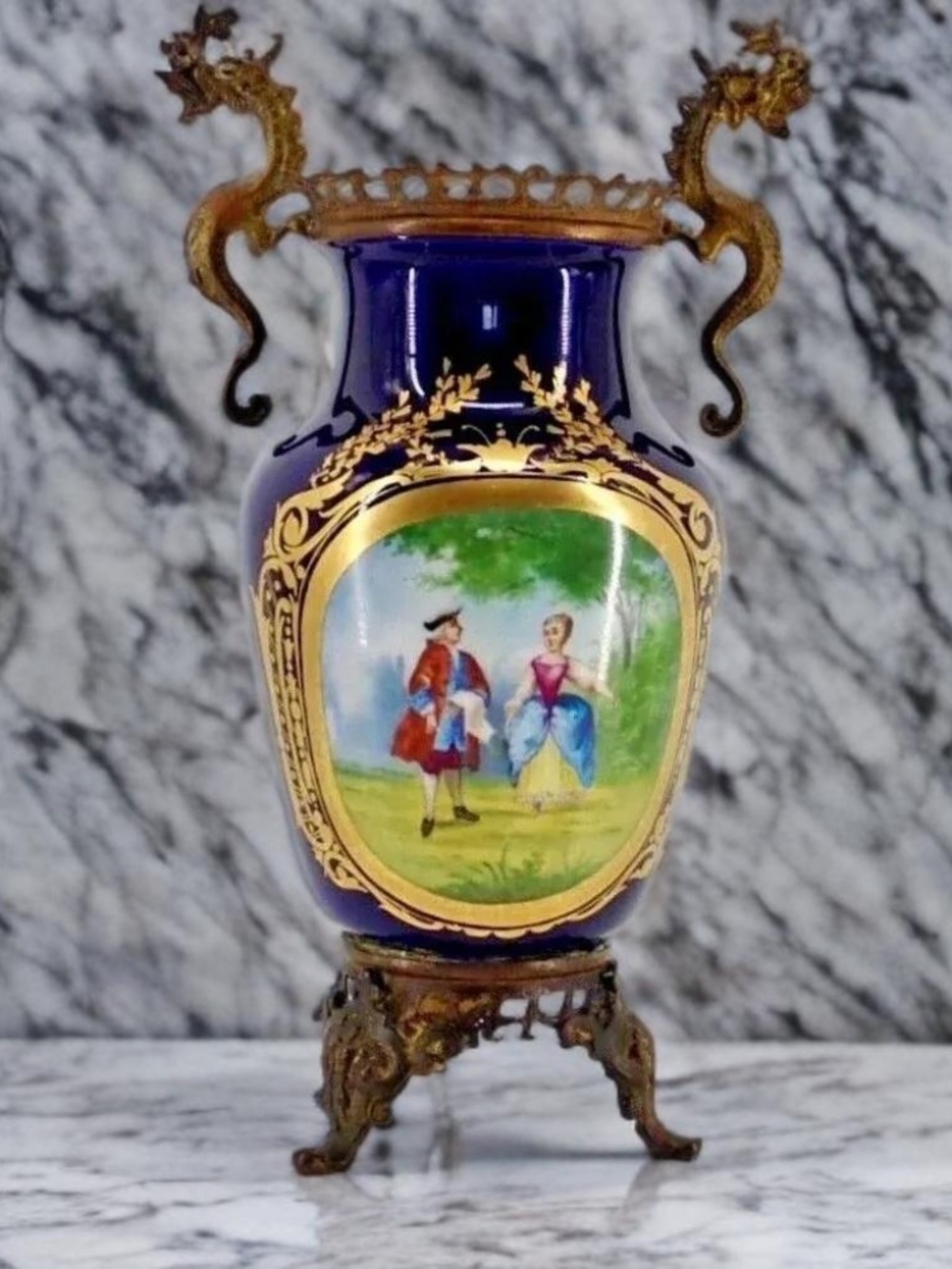 French Sevres Signed Porcelain Cobalt Blue Gilded Vase Bronze Dragon Handles 19C